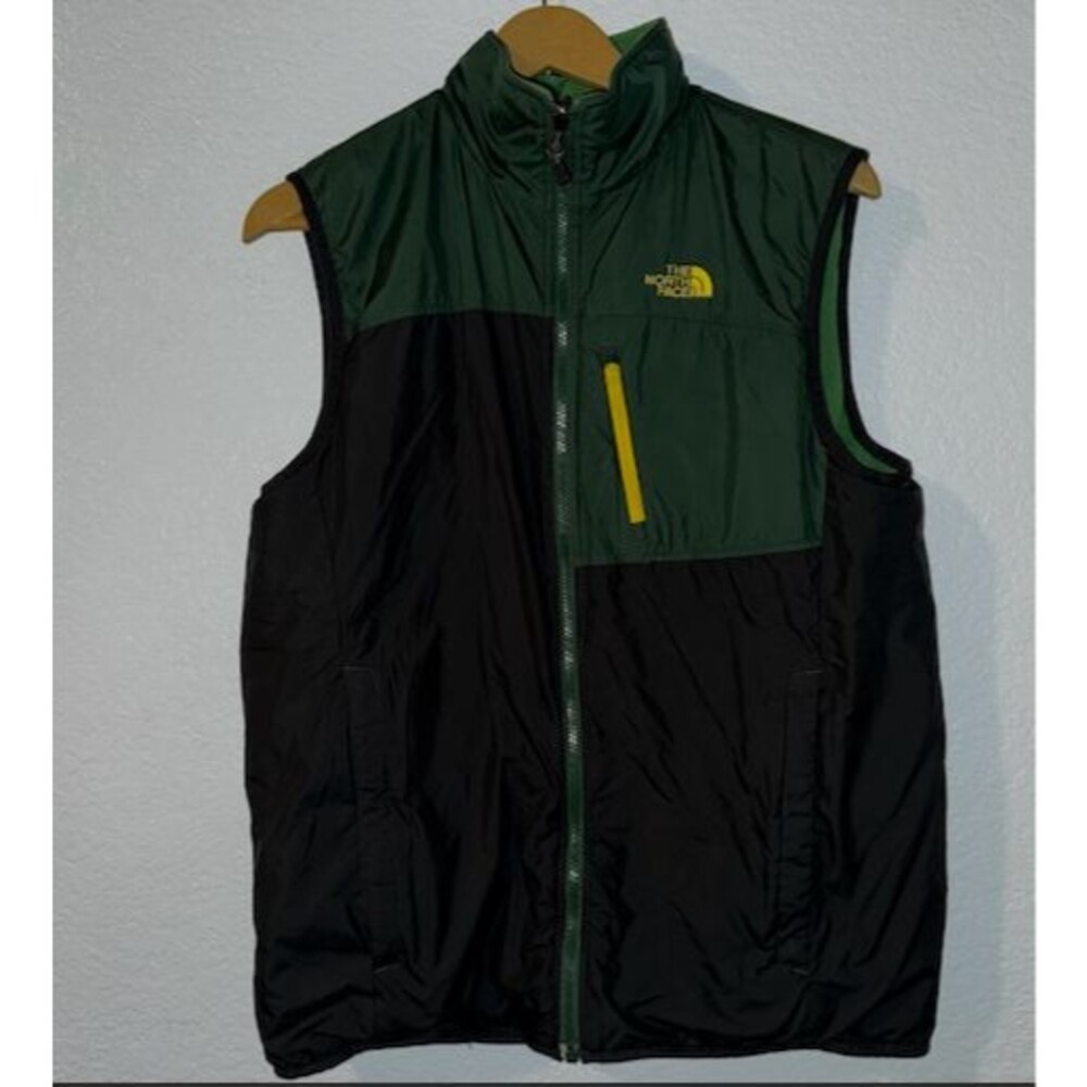 The North Face Reversible Vest Mens S Green Black Zip Up Fleece Nylon Outdoor